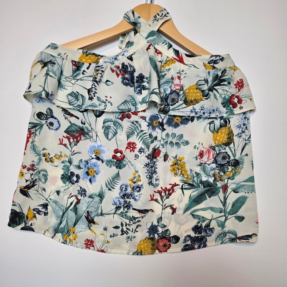 Banana Republic Tropical Floral Pineapple Bird Halter Ruffle Top Cream Small